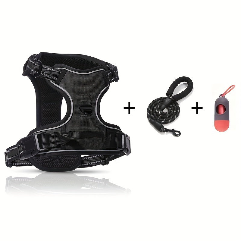 Reflective Dog Harness Set Adjustable No Pull Harness with Leash and Poop Bag Dispenser