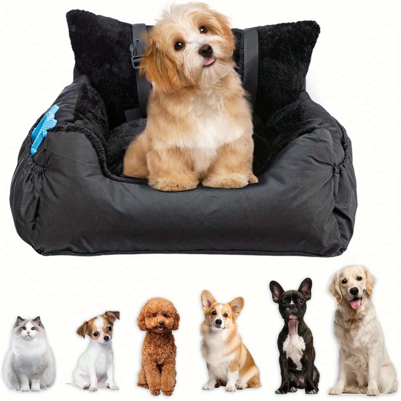 Plush Dog Car Seat for Small Dogs & Cats with Safety Leash, Non-Slip Base & Storage Pocket