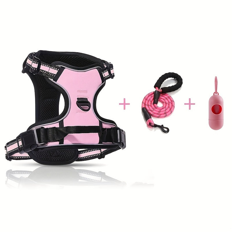 Reflective Dog Harness Set Adjustable No Pull Harness with Leash and Poop Bag Dispenser