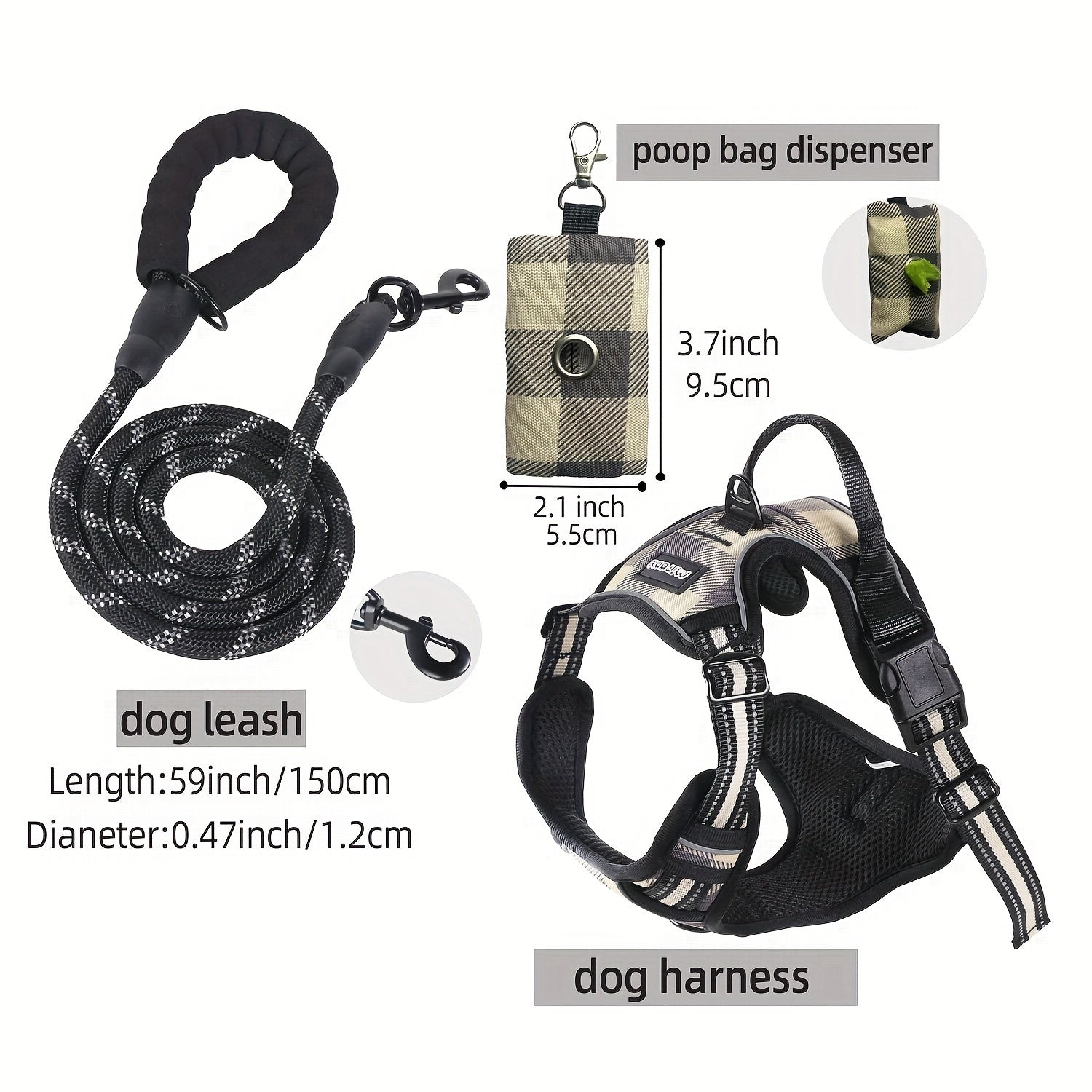 Escape-Proof Reflective Dog Harness Set with Leash & Poop Bag Dispenser – Adjustable, Breathable Vest for Medium & Large Dogs