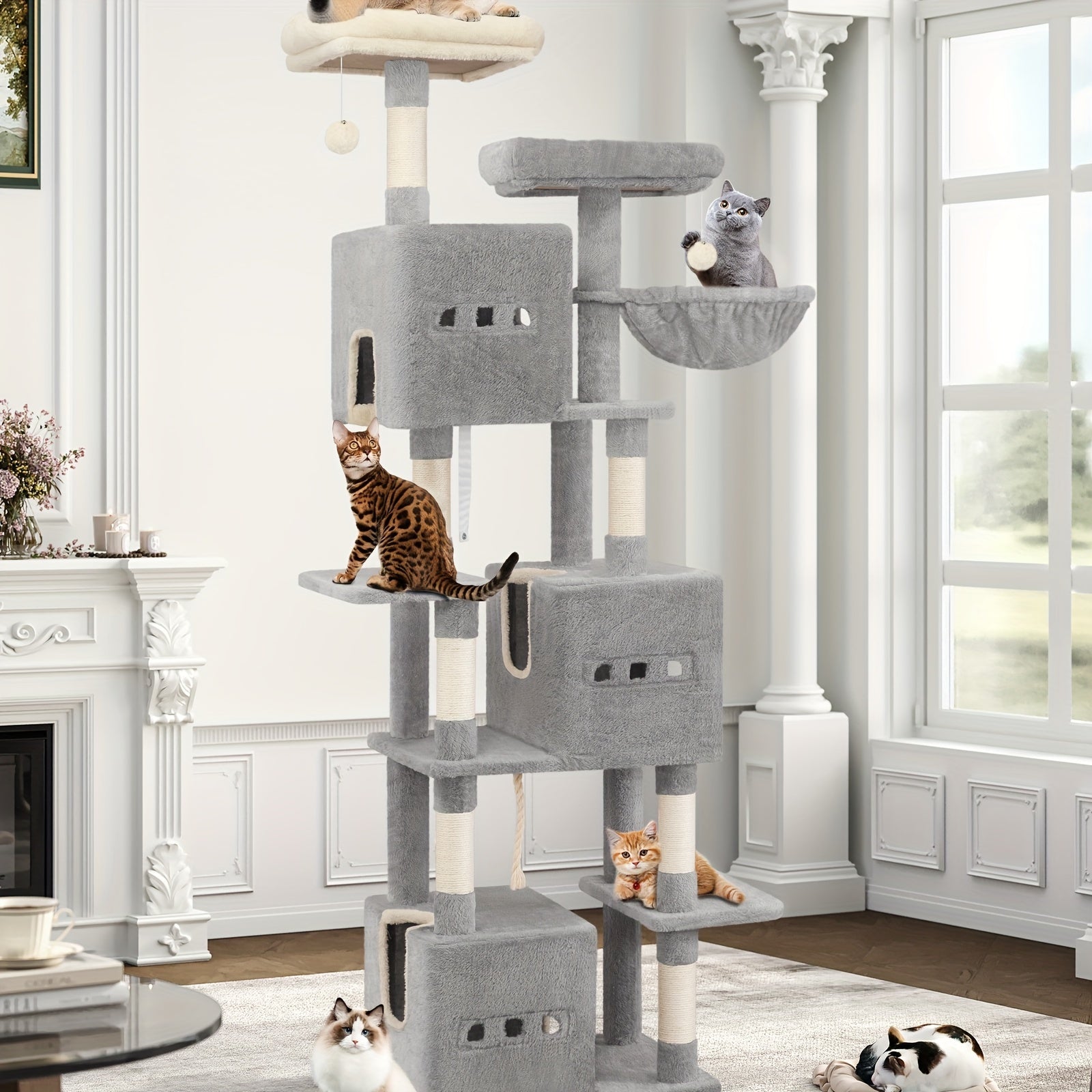 193cm Luxury Multi-Level Cat Tree with Condos, Hammock & Sisal Scratching Posts – Ideal for Multi-Cat Homes