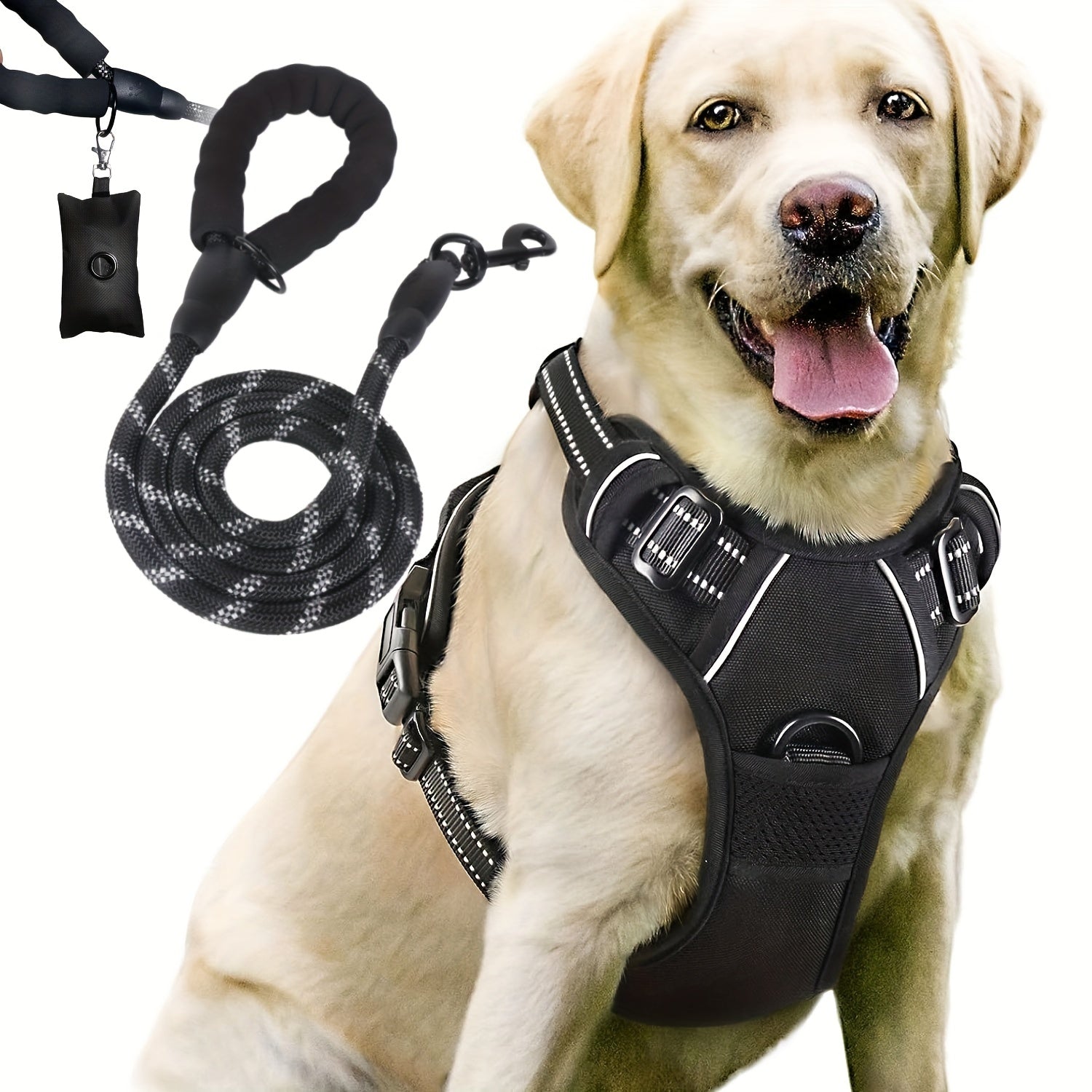 Escape-Proof Reflective Dog Harness Set with Leash & Poop Bag Dispenser – Adjustable, Breathable Vest for Medium & Large Dogs