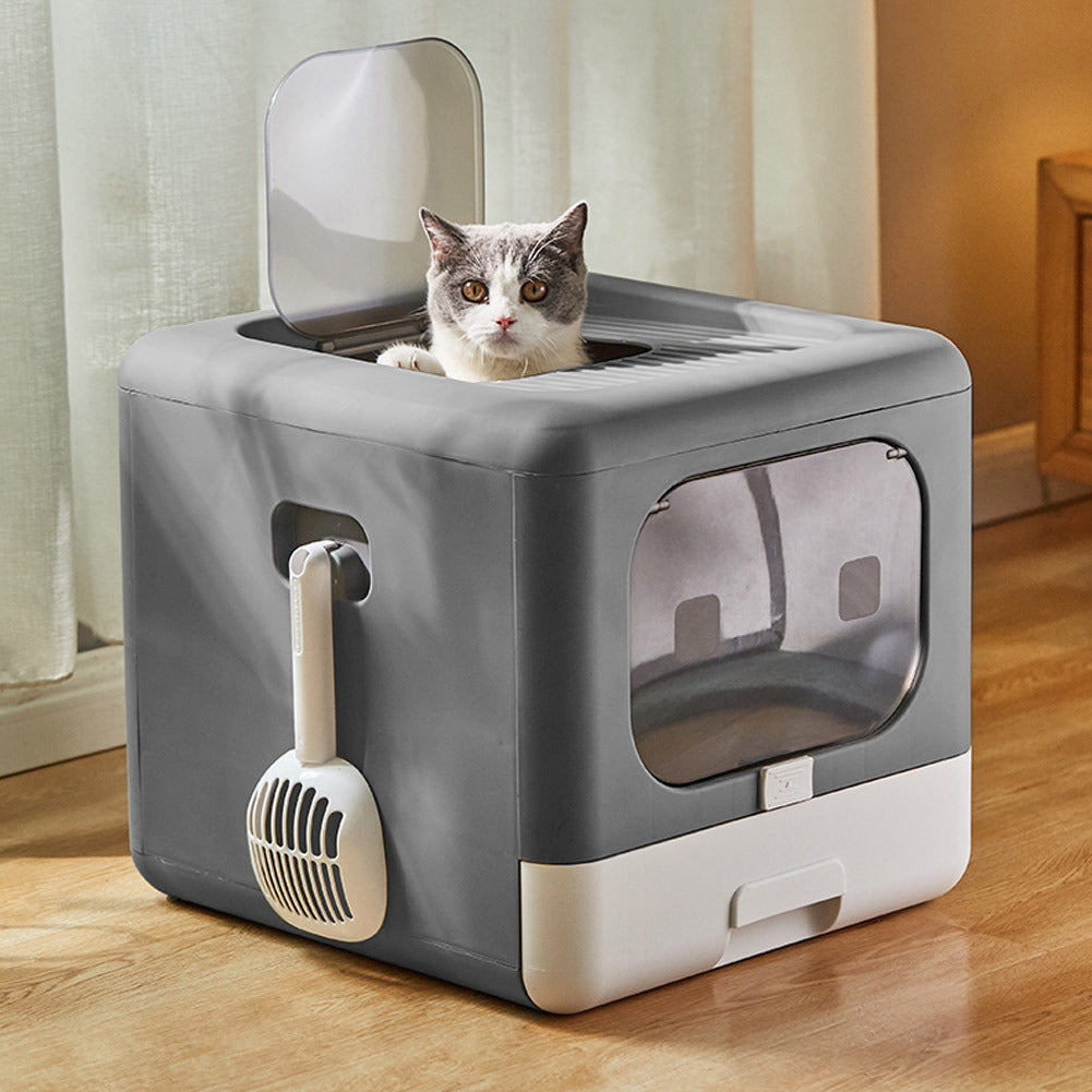 “Foldable Hooded Cat Litter Box with Top Entry — Large Anti-Odor Tray, Easy-Clean Pull-Out Drawer & Scoop Included (Grey)”