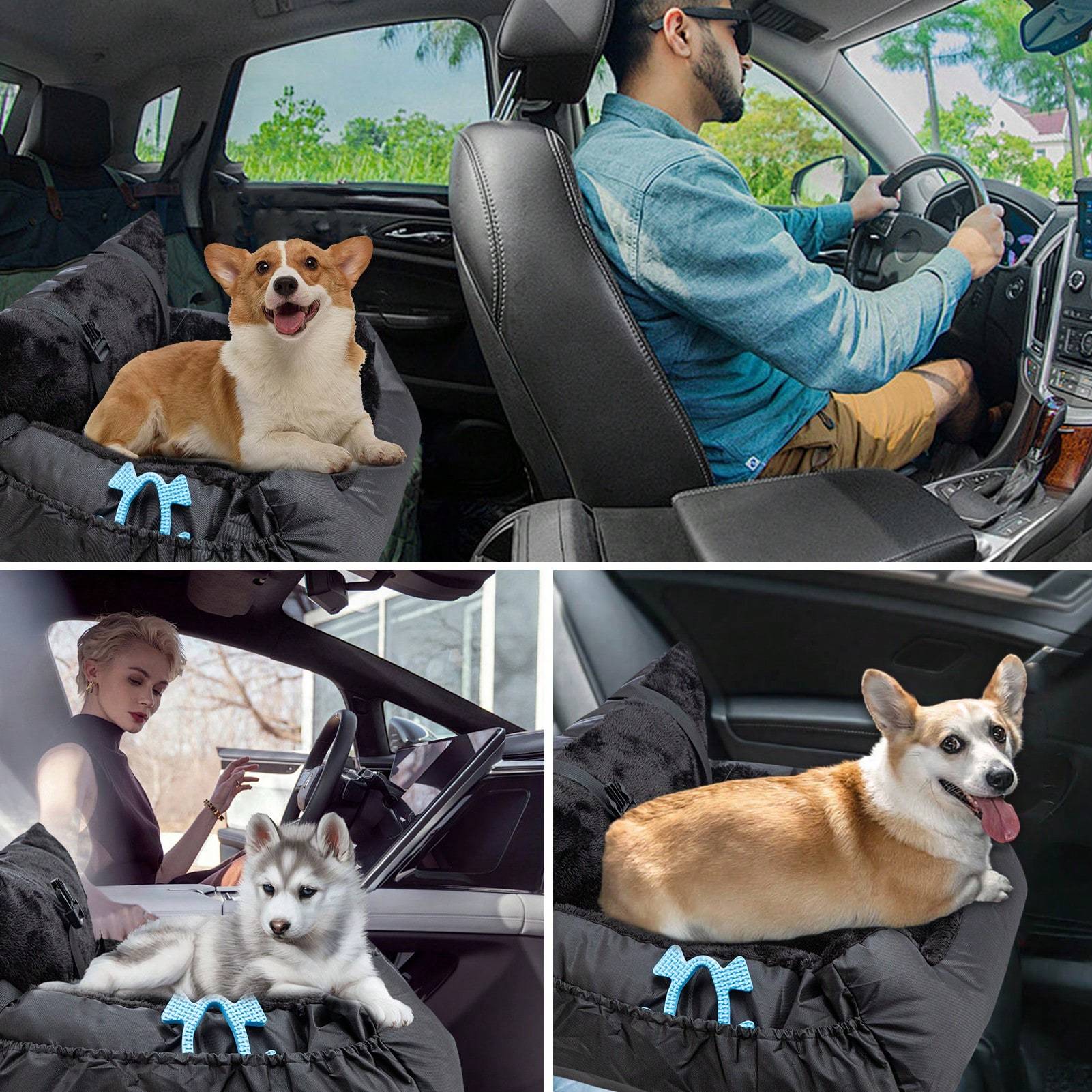 Plush Dog Car Seat for Small Dogs & Cats with Safety Leash, Non-Slip Base & Storage Pocket