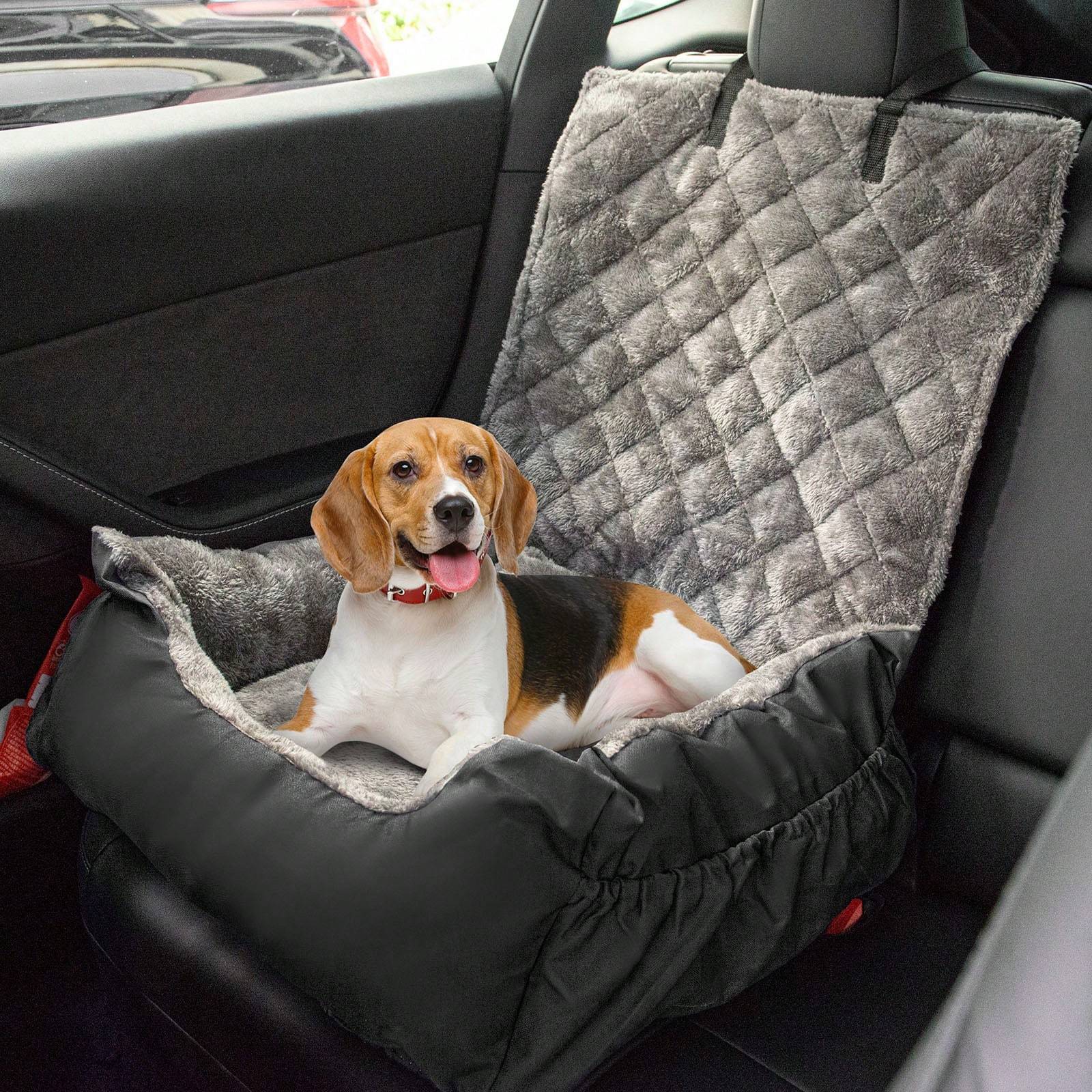 Plush Dog Car Seat for Small Dogs & Cats with Safety Leash, Non-Slip Base & Storage Pocket