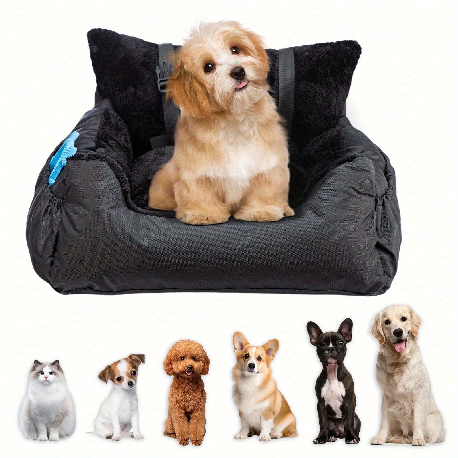 Plush Dog Car Seat for Small Dogs & Cats with Safety Leash, Non-Slip Base & Storage Pocket