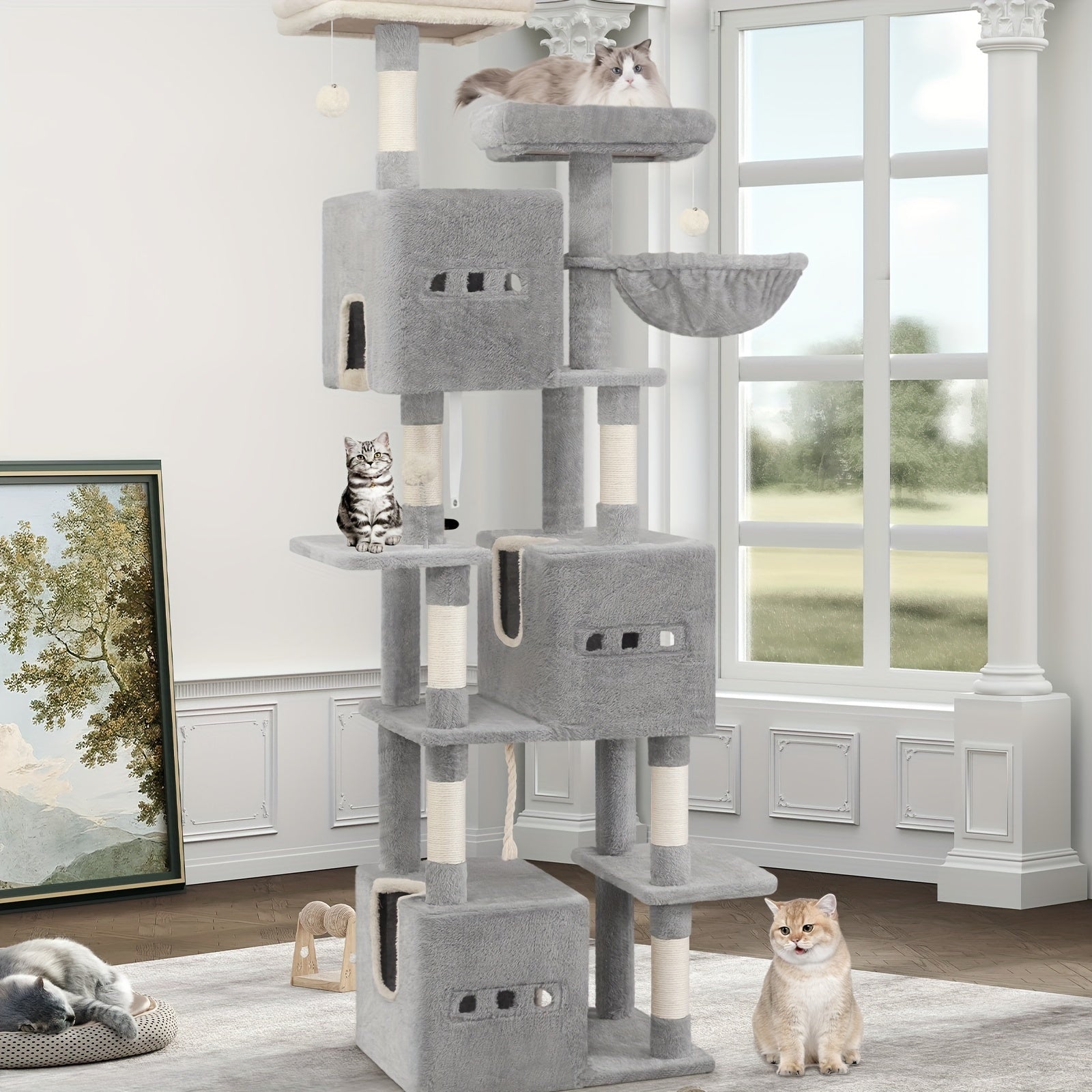 193cm Luxury Multi-Level Cat Tree with Condos, Hammock & Sisal Scratching Posts – Ideal for Multi-Cat Homes