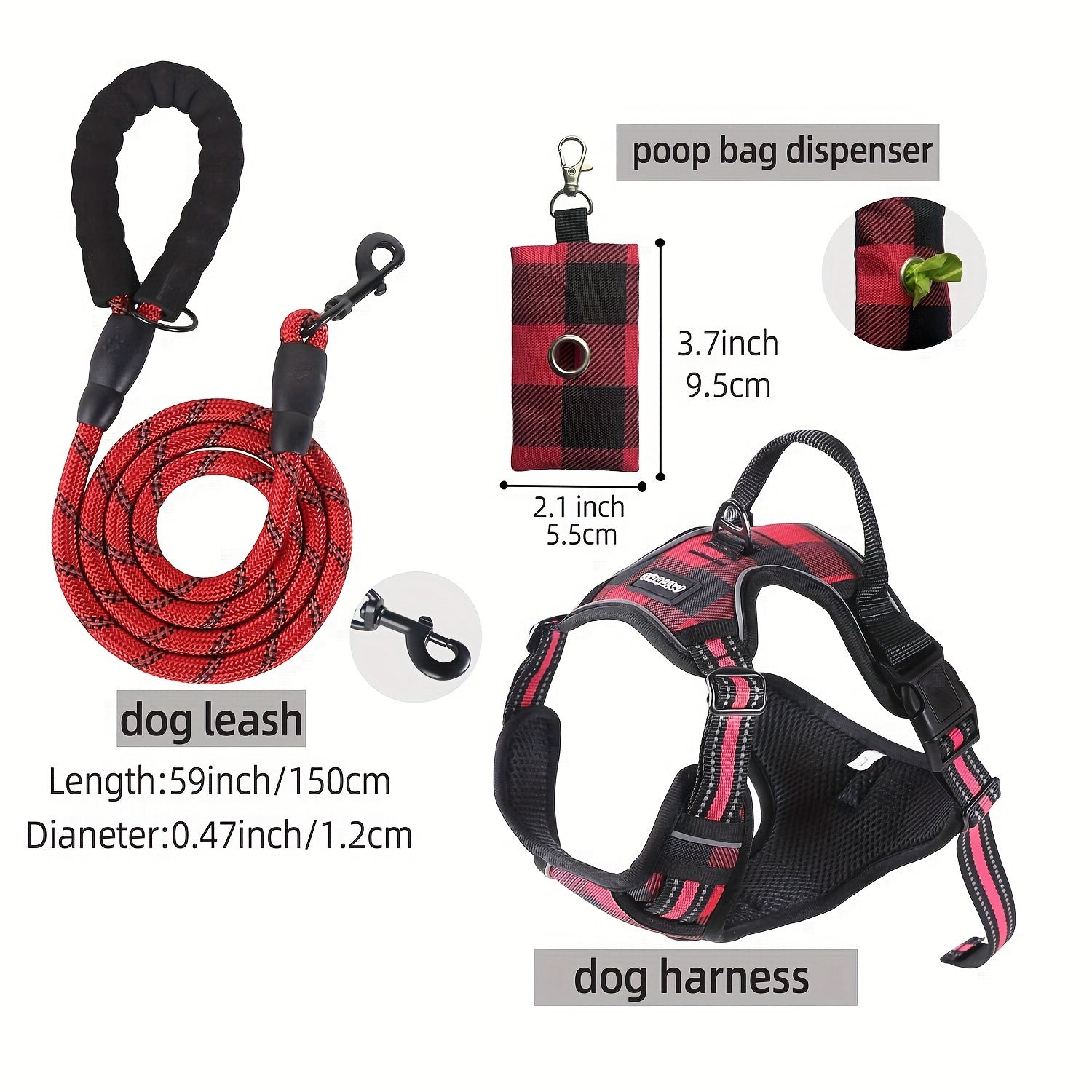 Escape-Proof Reflective Dog Harness Set with Leash & Poop Bag Dispenser – Adjustable, Breathable Vest for Medium & Large Dogs