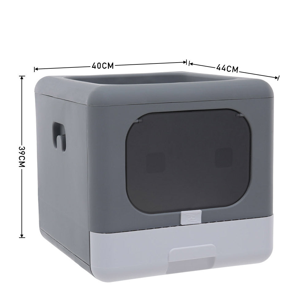 “Foldable Hooded Cat Litter Box with Top Entry — Large Anti-Odor Tray, Easy-Clean Pull-Out Drawer & Scoop Included (Grey)”