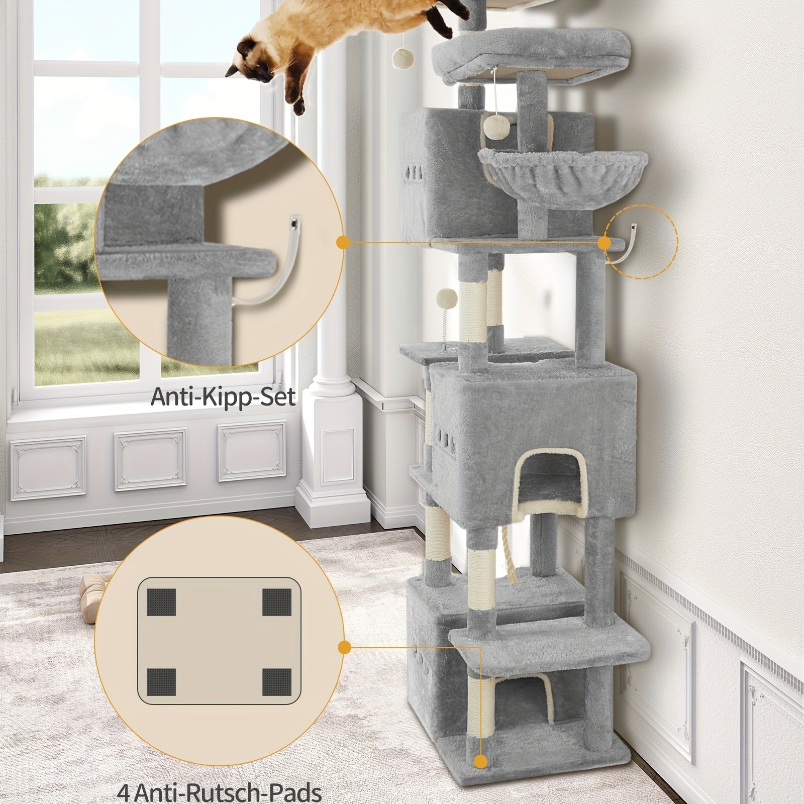 193cm Luxury Multi-Level Cat Tree with Condos, Hammock & Sisal Scratching Posts – Ideal for Multi-Cat Homes