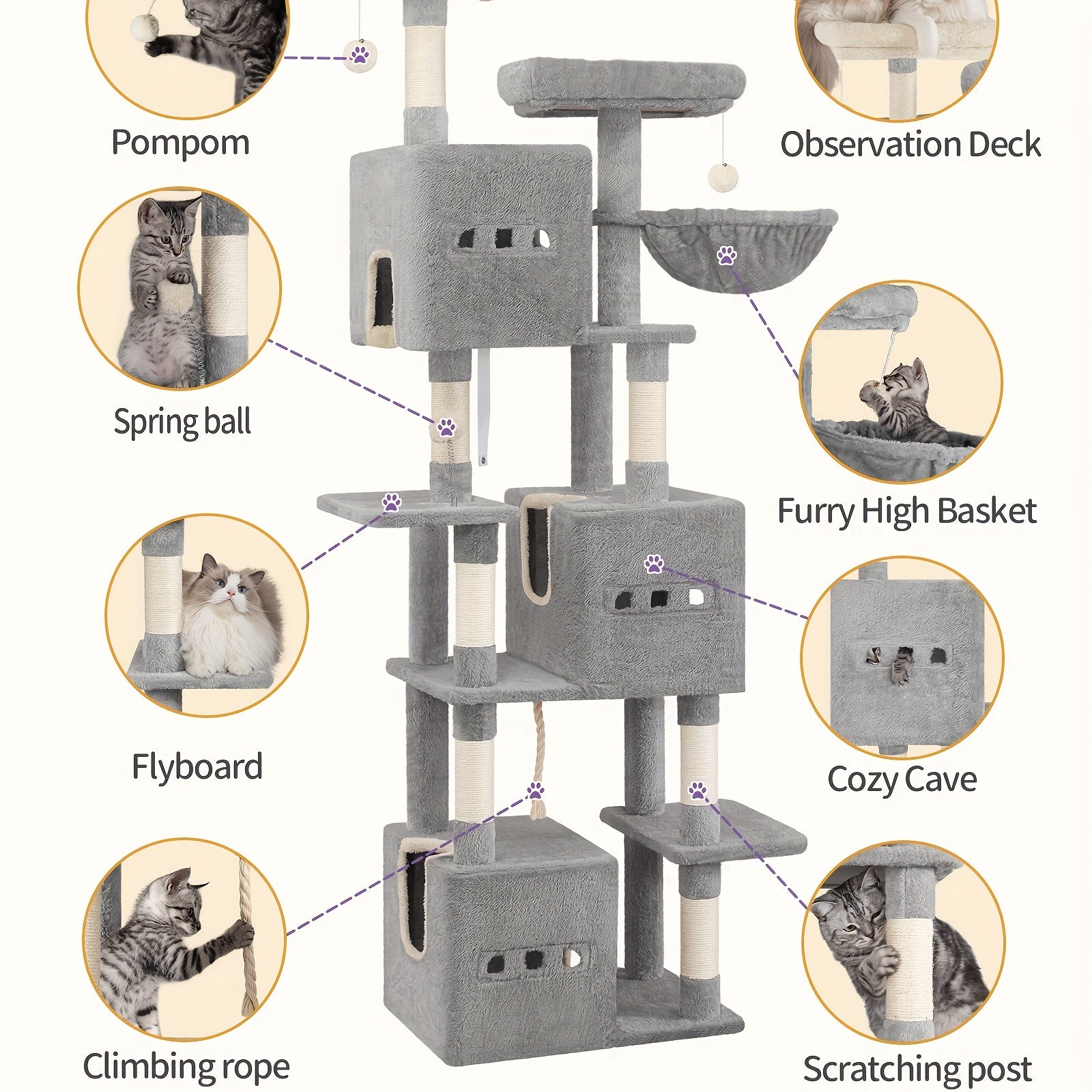 193cm Luxury Multi-Level Cat Tree with Condos, Hammock & Sisal Scratching Posts – Ideal for Multi-Cat Homes