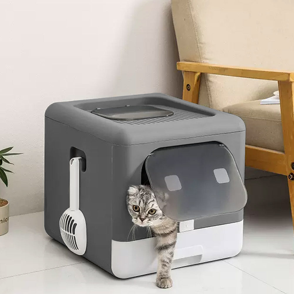 “Foldable Hooded Cat Litter Box with Top Entry — Large Anti-Odor Tray, Easy-Clean Pull-Out Drawer & Scoop Included (Grey)”