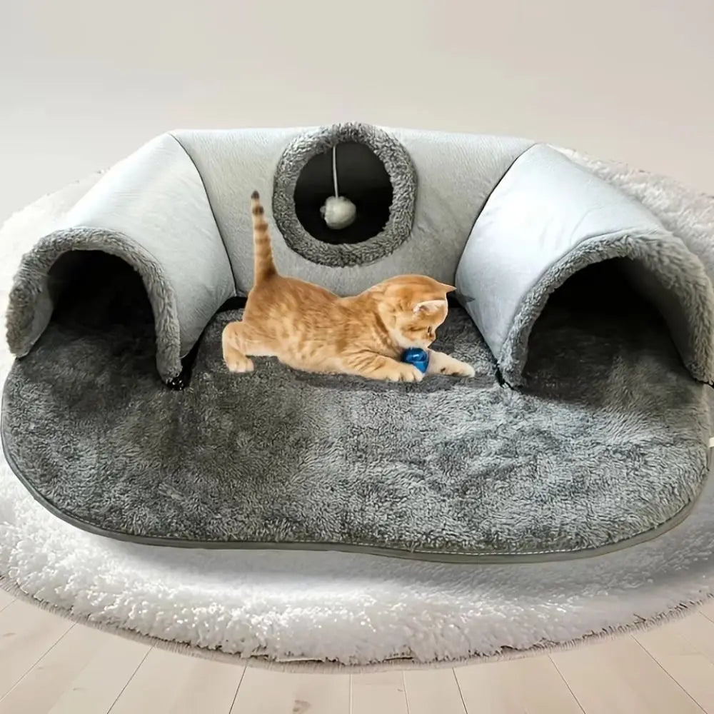Cat Tunnel Bed ,Soft Interactive Cat Bed with Play Tunnel and Ball Toy