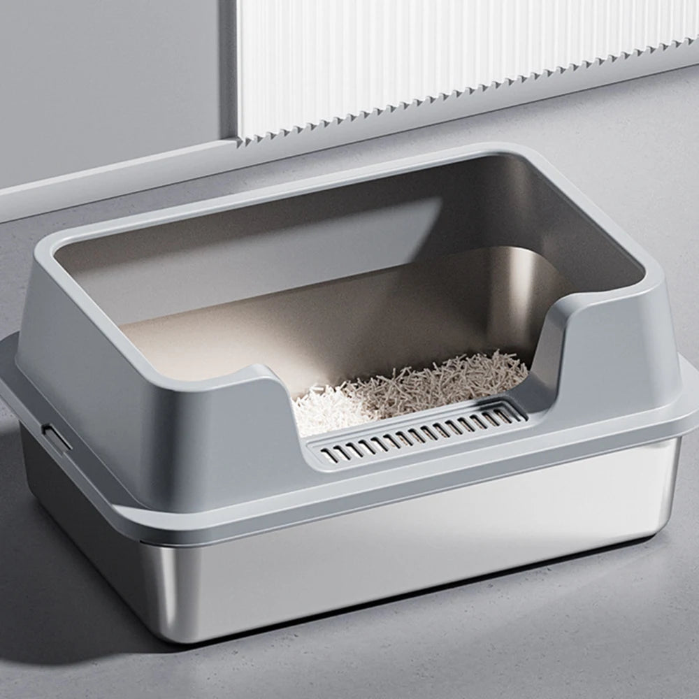 XXL Stainless Steel Cat Litter Box with Lid High Sides Anti Odor Easy Clean Metal Tray