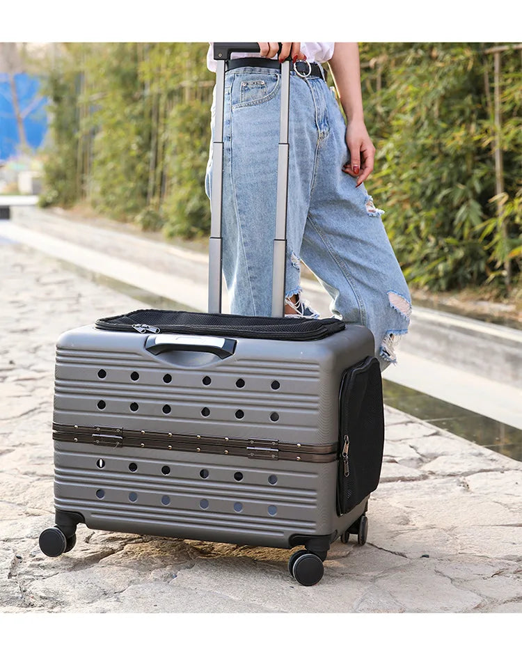 Large Transparent Pet Travel Suitcase with Wheels Portable Stroller Carrier for Cats and Dogs