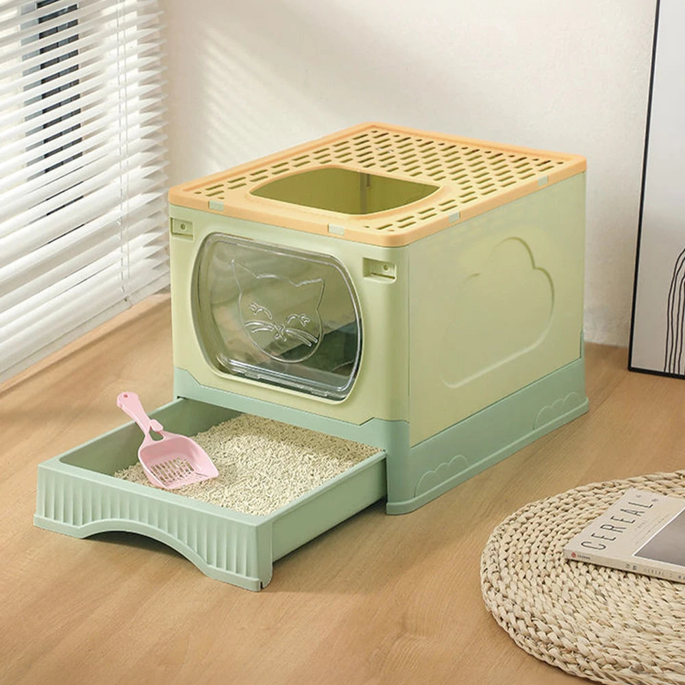 Foldable Cat Litter Box Enclosed Top Entry with Drawer Easy Clean and Anti Spill Design with Scoop