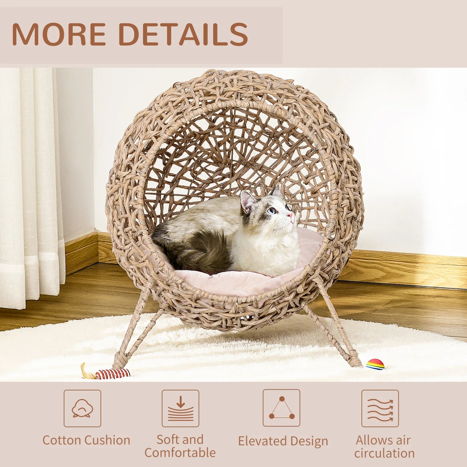 Rattan Cat House ,PawHut Wicker Cat Bed Pod with Cushion and Raised Stand