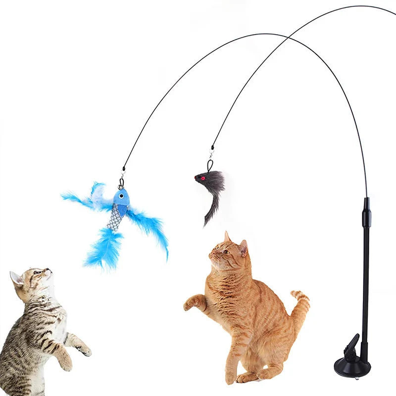 Interactive Cat Teaser Stick Suction Cup Toy Double Head Mouse Feather Bell Pet Toy