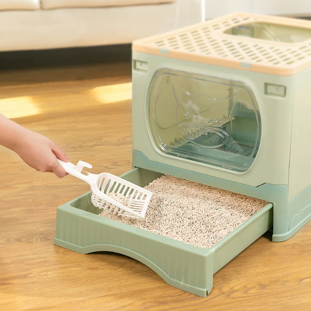 Foldable Cat Litter Box Enclosed Top Entry with Drawer Easy Clean and Anti Spill Design with Scoop