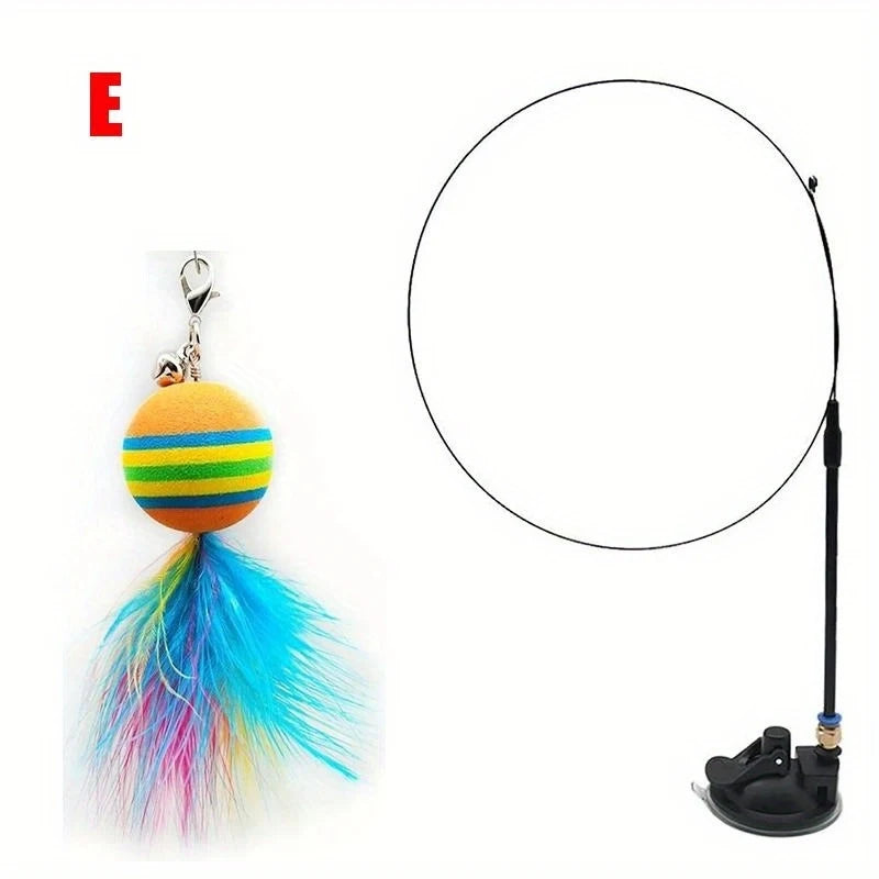 Interactive Cat Feather Wand Toy Set Suction Cup Replacement Feathers Fun Pet Toy