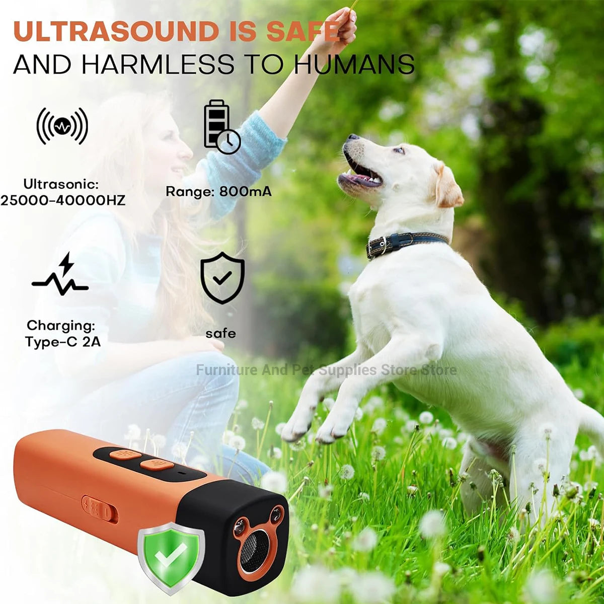 Ultrasonic Dog Repeller & Anti Bark Trainer with LED Flashlight – Portable Dog Deterrent