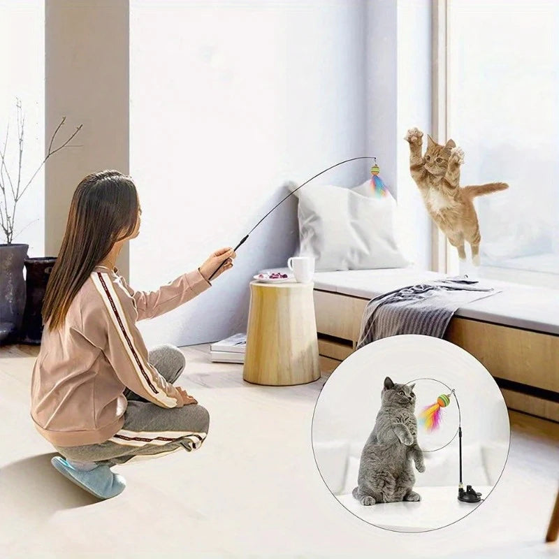 Interactive Cat Feather Wand Toy Set Suction Cup Replacement Feathers Fun Pet Toy