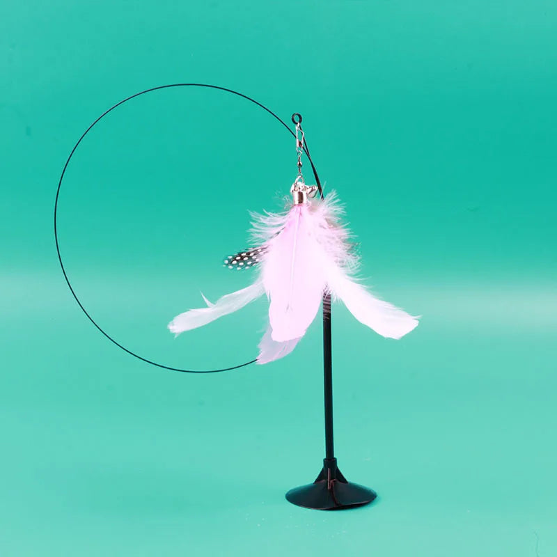 Cat Feather Wand Toy with Bell Suction Cup Interactive Teaser Stick for Kittens Cats