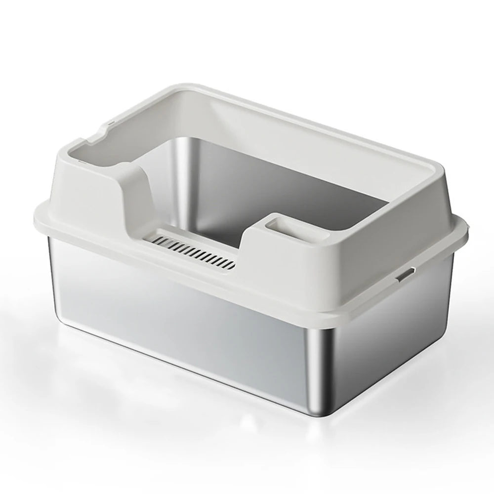 XXL Stainless Steel Cat Litter Box with Lid High Sides Anti Odor Easy Clean Metal Tray