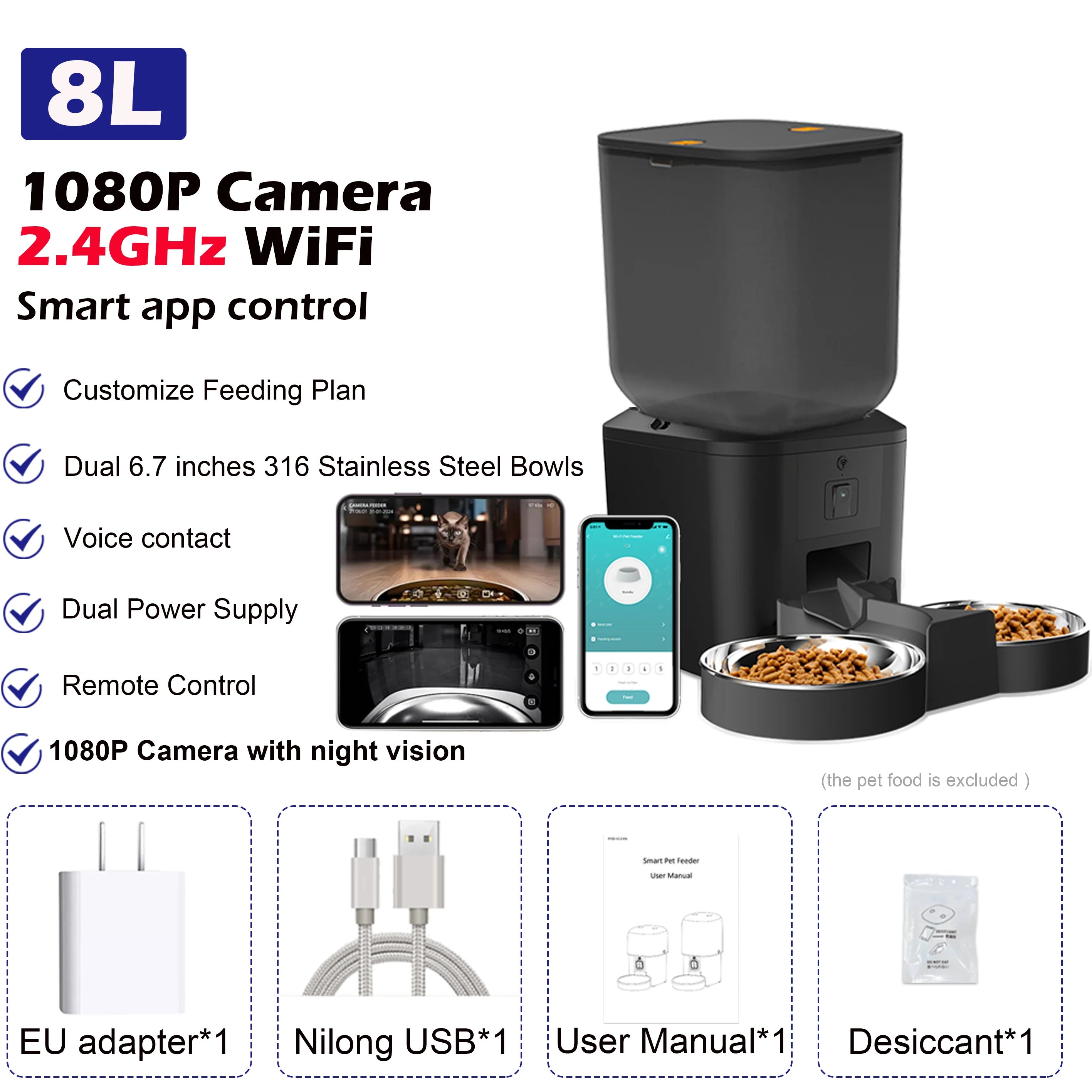 8L Smart Pet Feeder with Camera 1080P | WiFi Dog & Cat Feeder