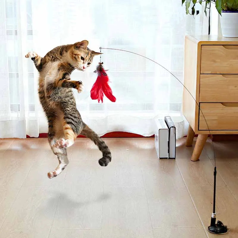 Cat Feather Wand Toy with Bell Suction Cup Interactive Teaser Stick for Kittens Cats