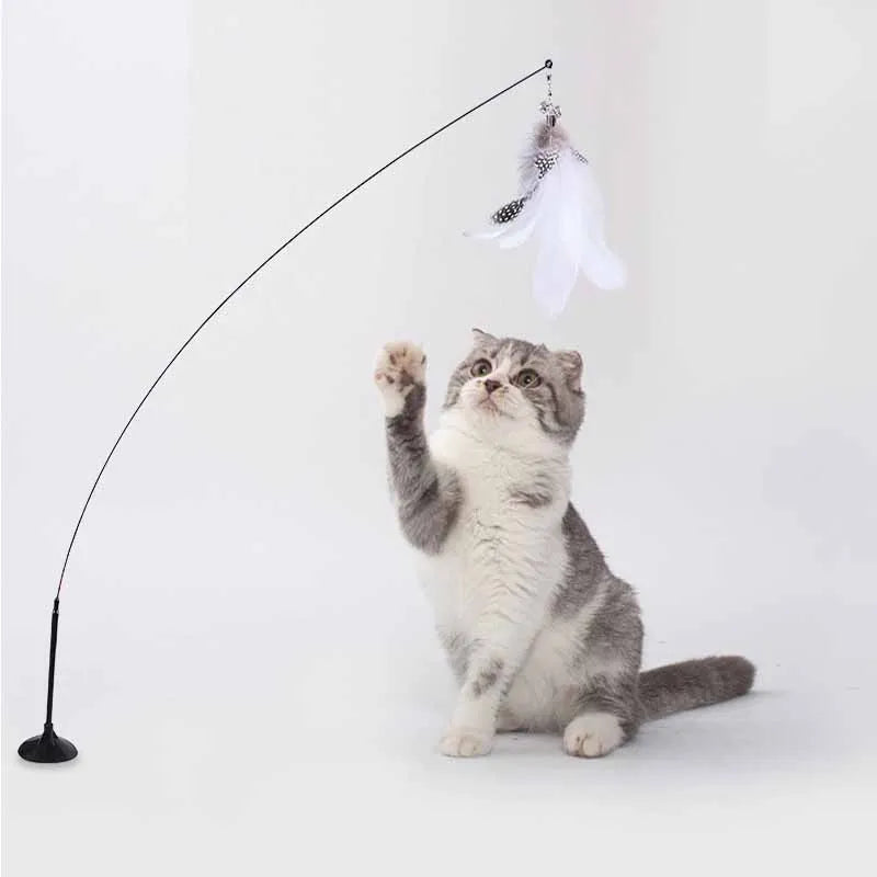Cat Feather Wand Toy with Bell Suction Cup Interactive Teaser Stick for Kittens Cats