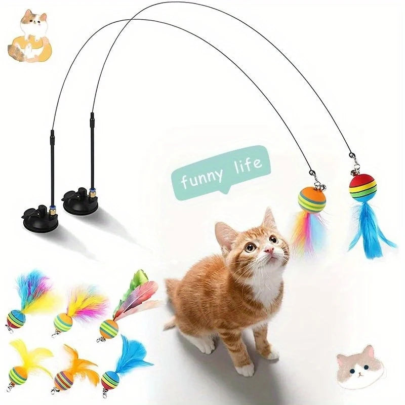 Interactive Cat Feather Wand Toy Set Suction Cup Replacement Feathers Fun Pet Toy