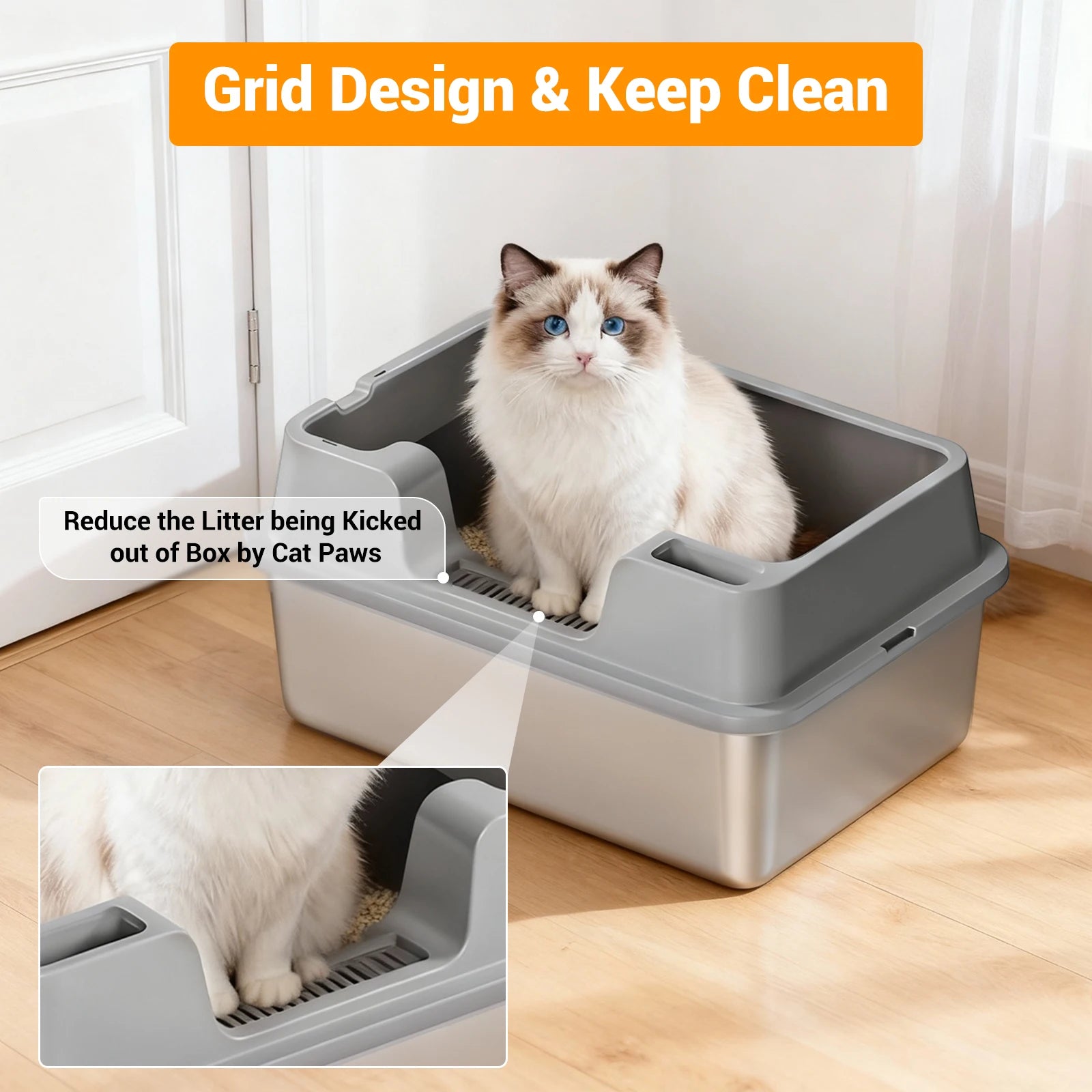 XXL Stainless Steel Cat Litter Box with Lid High Sides Anti Odor Easy Clean Metal Tray
