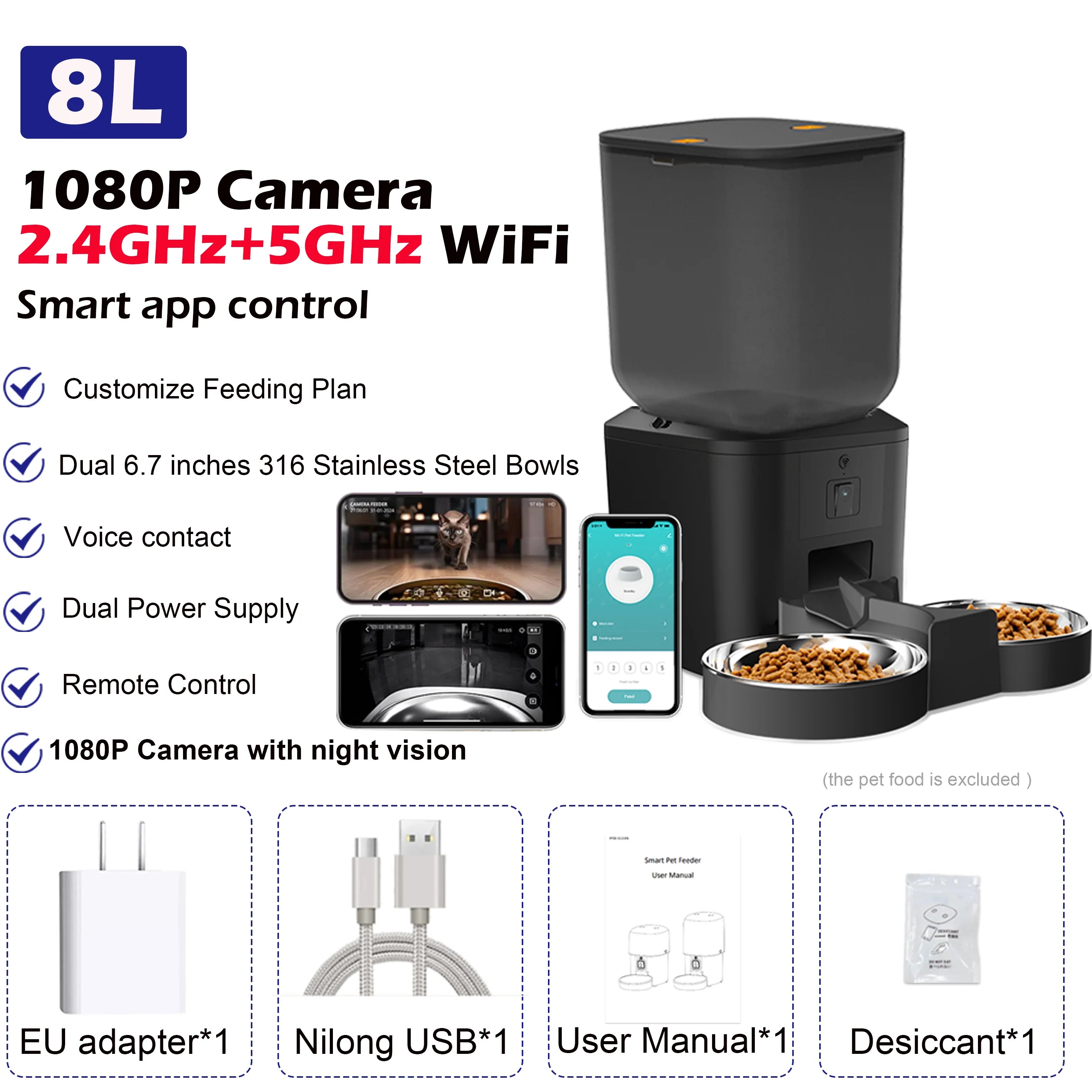 8L Smart Pet Feeder with Camera 1080P | WiFi Dog & Cat Feeder