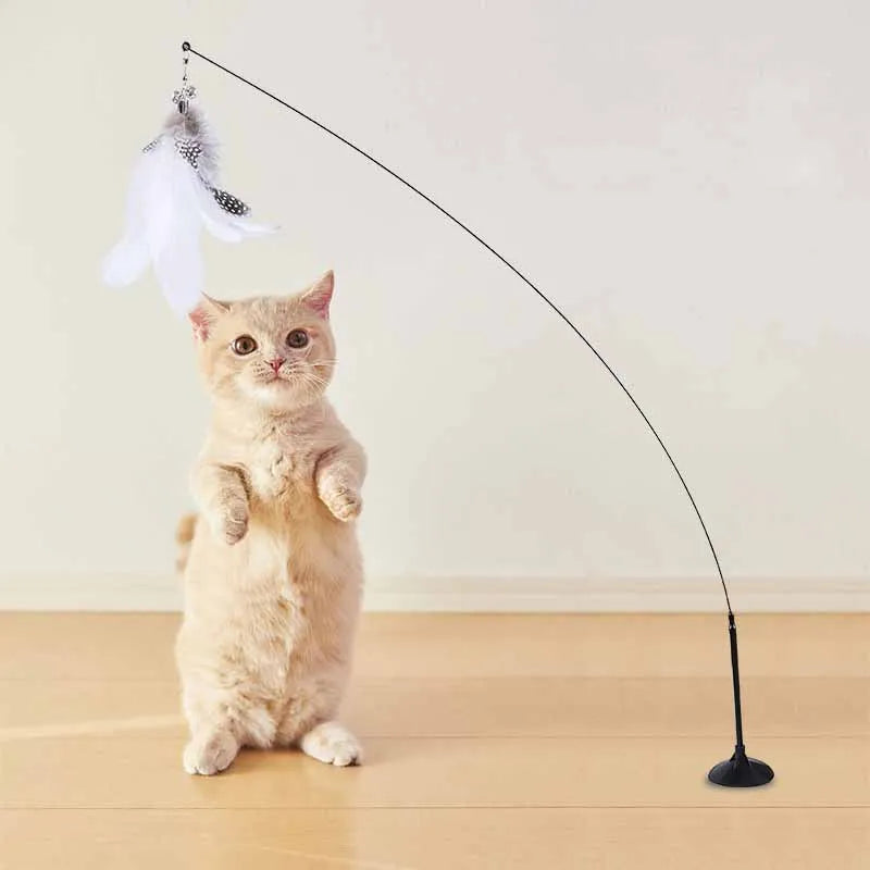 Cat Feather Wand Toy with Bell Suction Cup Interactive Teaser Stick for Kittens Cats