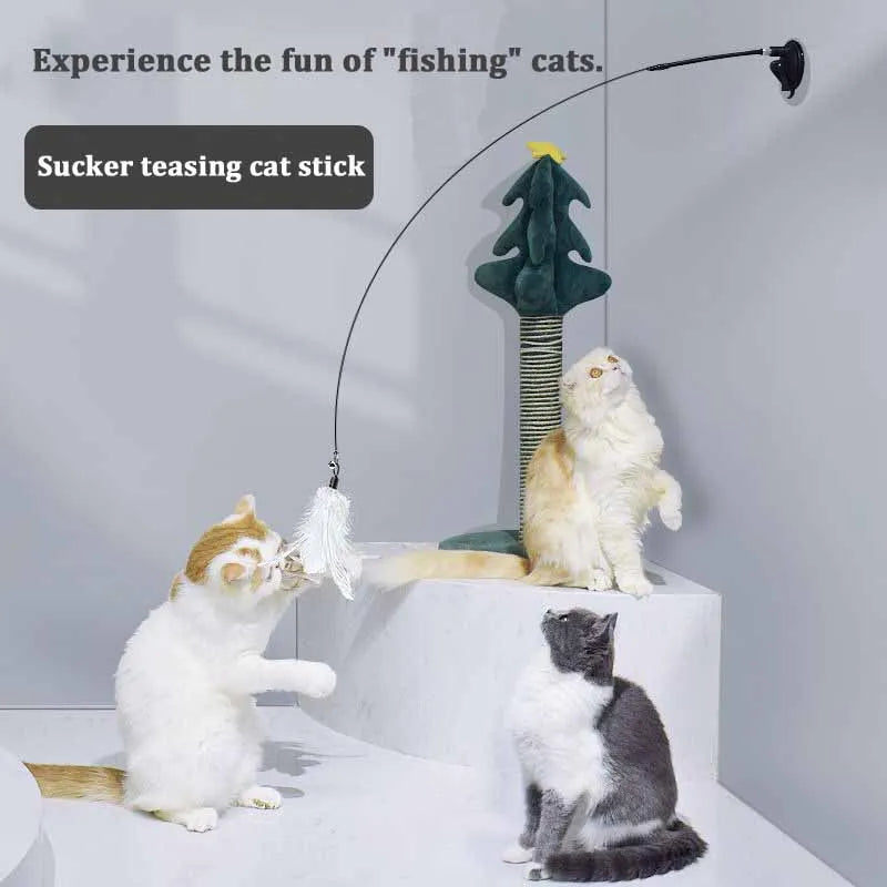 Cat Feather Wand Toy with Bell Suction Cup Interactive Teaser Stick for Kittens Cats