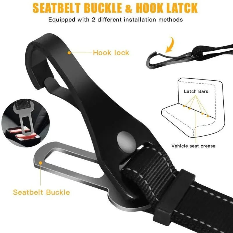 Adjustable Dog Car Seat Belt Reflective Safety Leash with Dual Clip Shock Absorbing Nylon