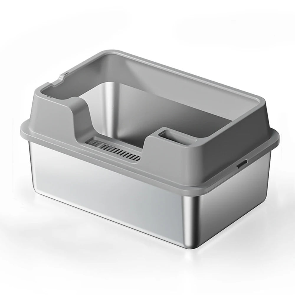 XXL Stainless Steel Cat Litter Box with Lid High Sides Anti Odor Easy Clean Metal Tray