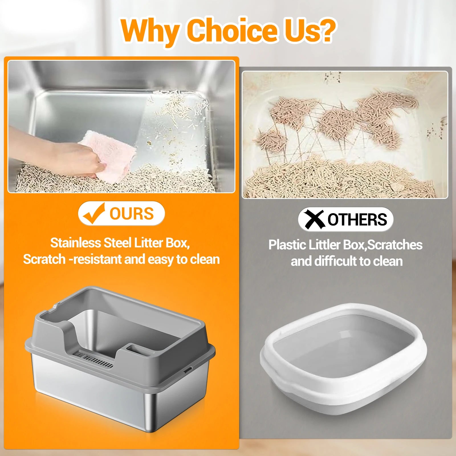 XXL Stainless Steel Cat Litter Box with Lid High Sides Anti Odor Easy Clean Metal Tray