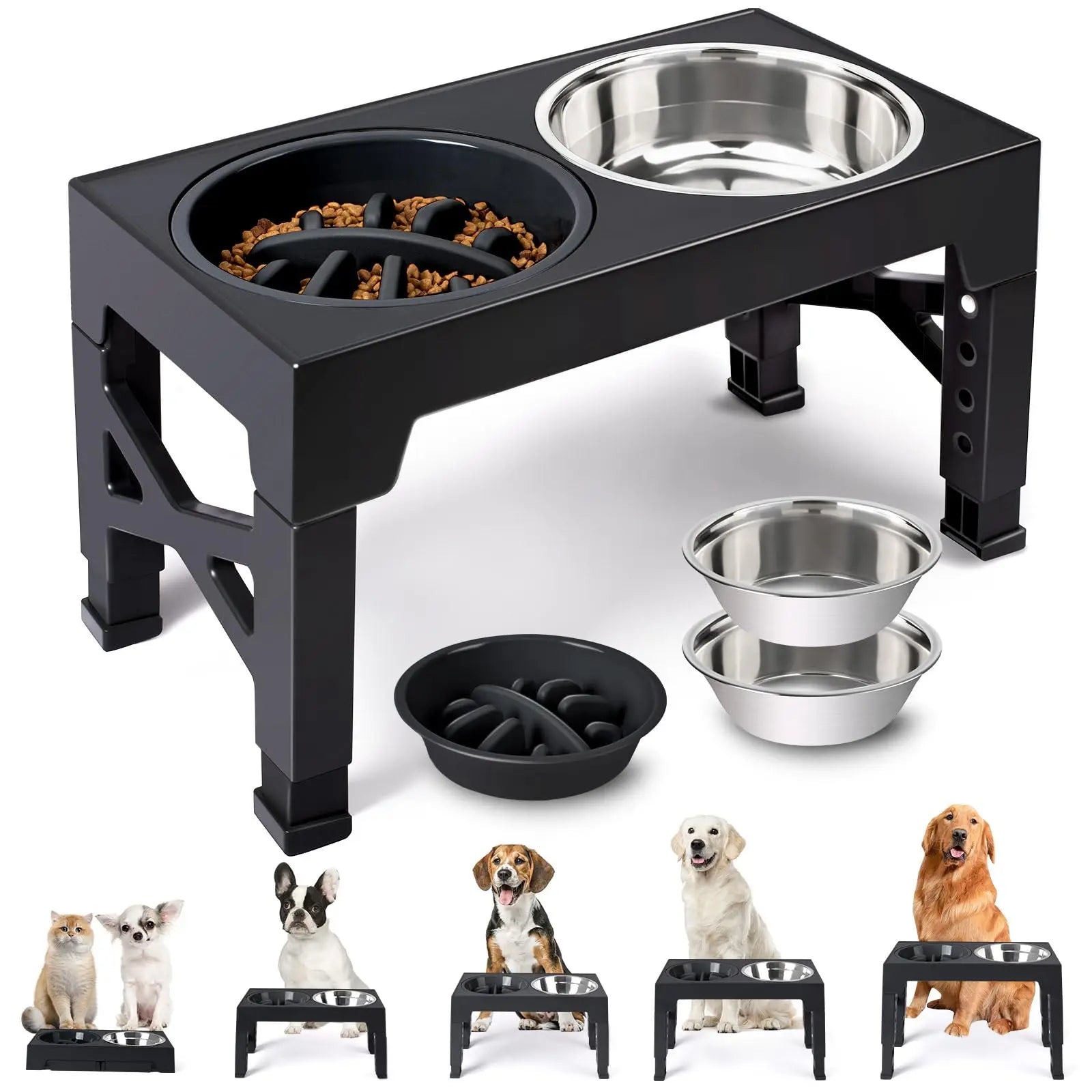 Adjustable Elevated Dog Bowls | Raised Feeder with Stainless Steel Bowls | Bark & Whiskers