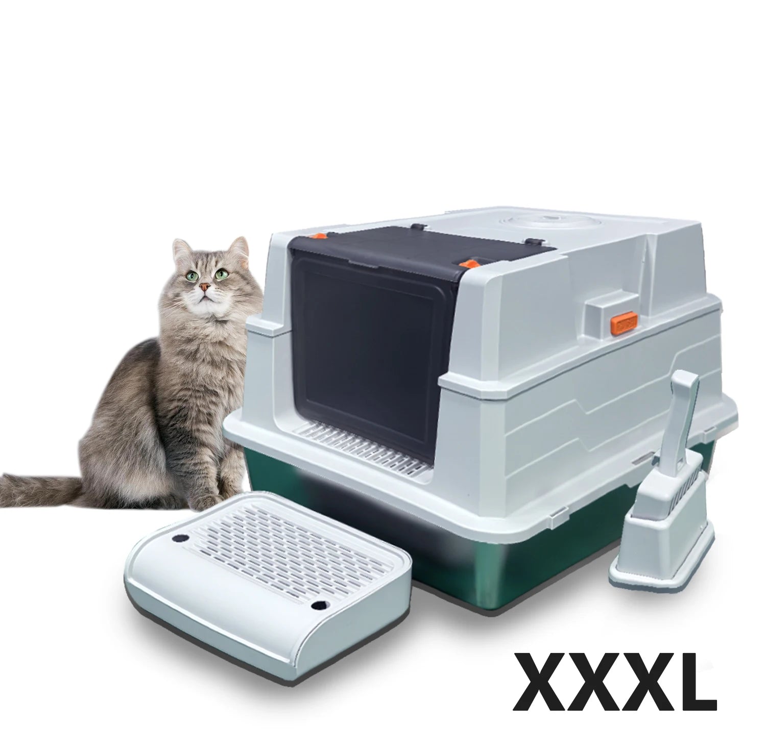 Extra Large Stainless Steel Cat Litter Box with Lid Enclosed Odour Control with Step and Scoop Easy Clean