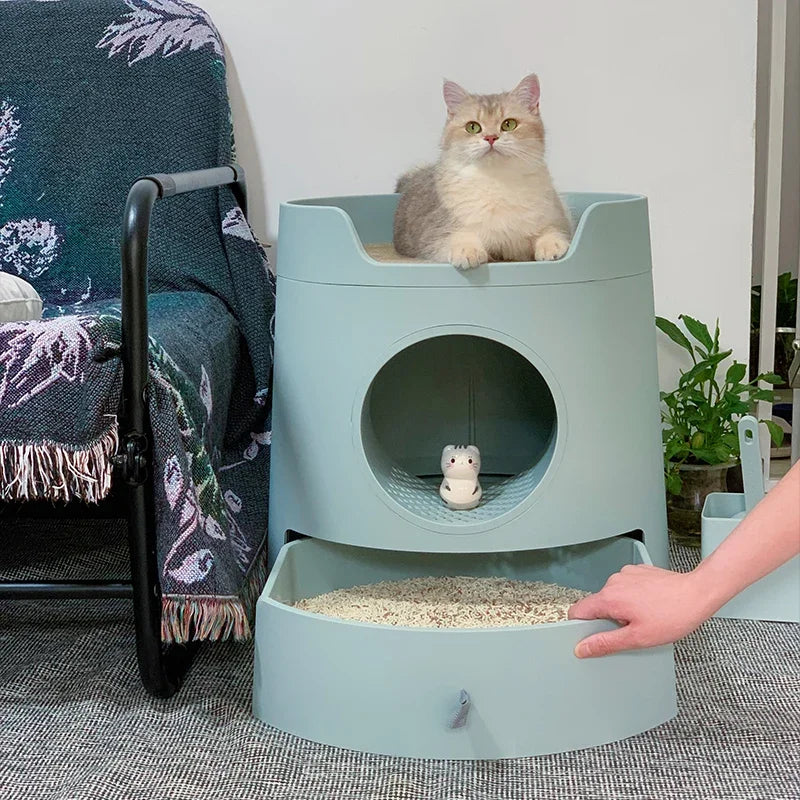 Castle Cat Litter Box with Scratch Pad Large Semi Enclosed Cat Toilet with Drawer Easy Clean Design
