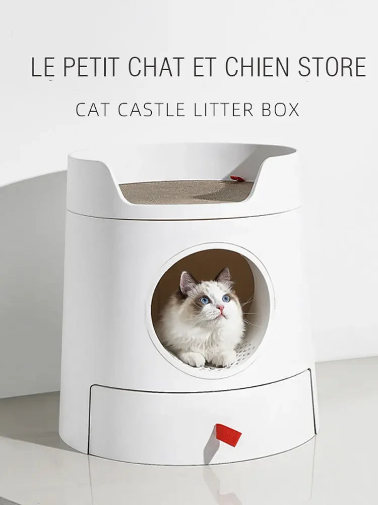 Castle Cat Litter Box with Scratch Pad Large Semi Enclosed Cat Toilet with Drawer Easy Clean Design
