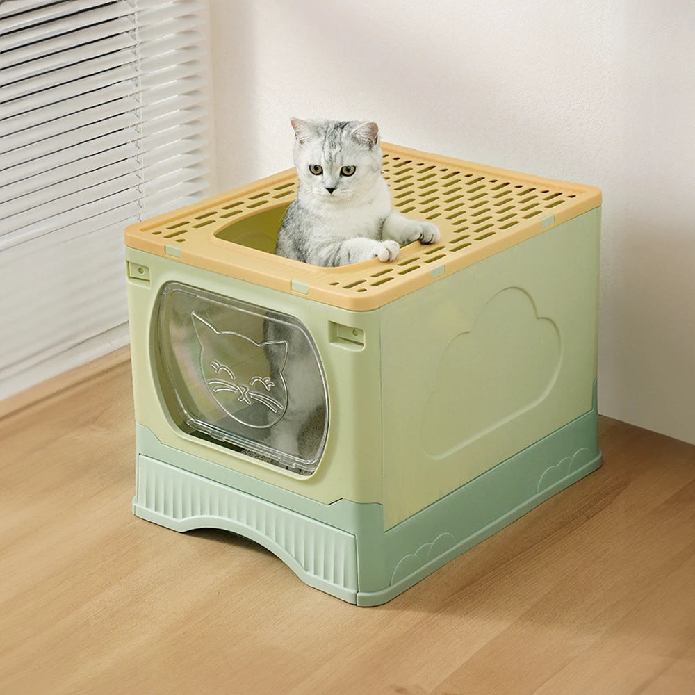 Foldable Cat Litter Box Enclosed Top Entry with Drawer Easy Clean and Anti Spill Design with Scoop