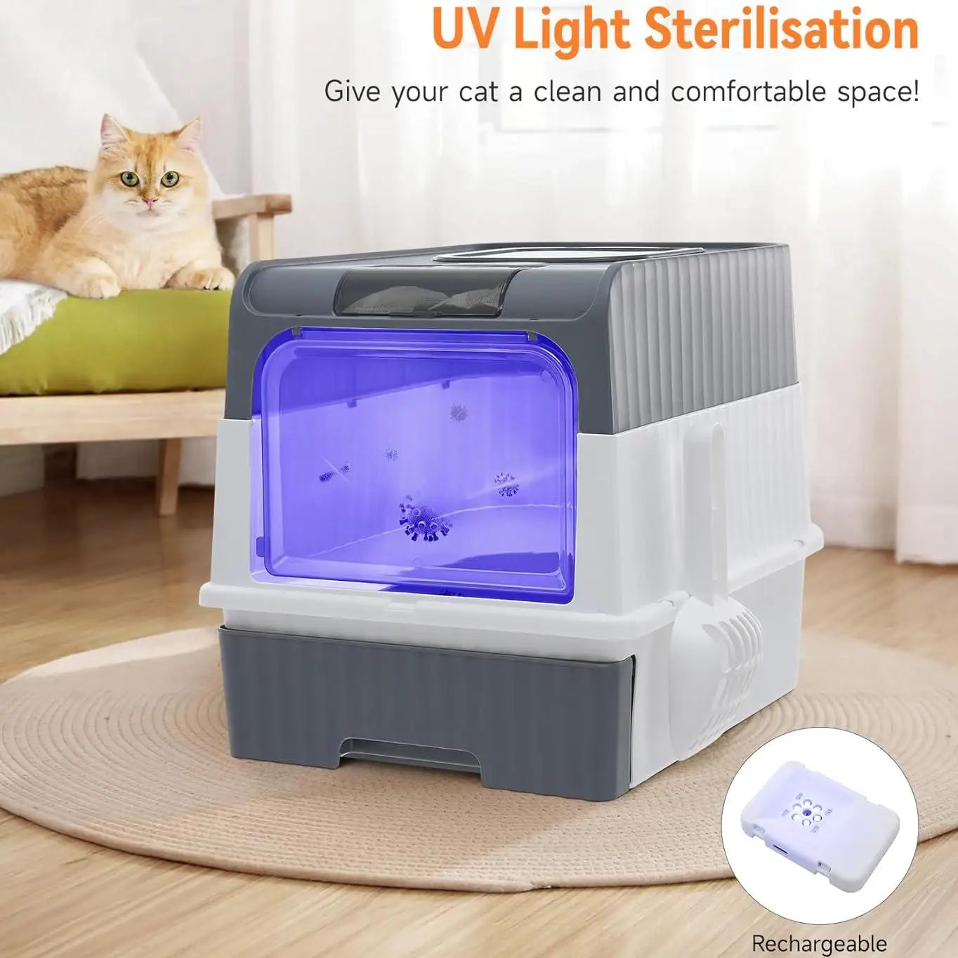 UV Sterilisation Cat Litter Box with Enclosed Design Odour Control Easy Clean Drawer Pink Grey