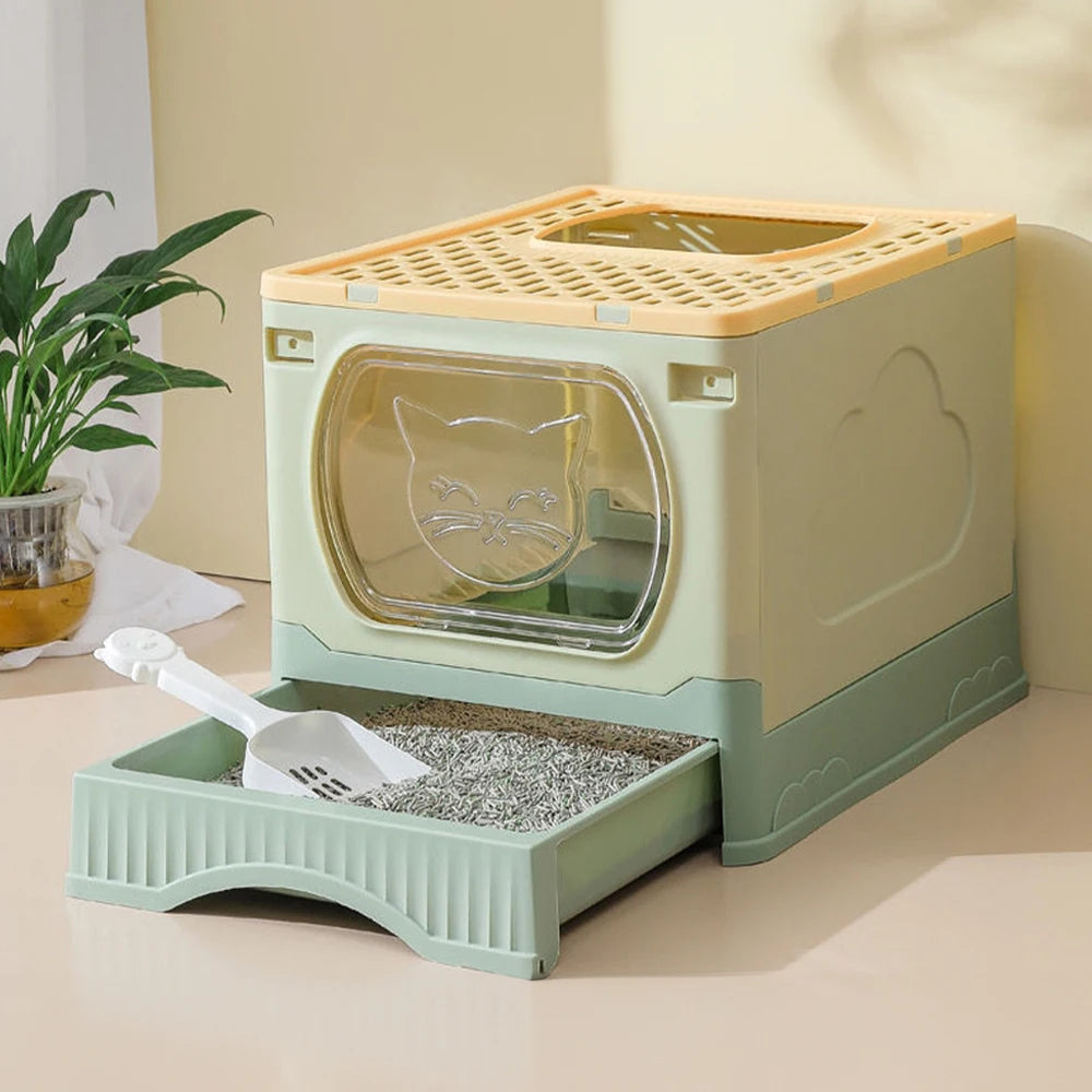 Foldable Cat Litter Box Enclosed Top Entry with Drawer Easy Clean and Anti Spill Design with Scoop