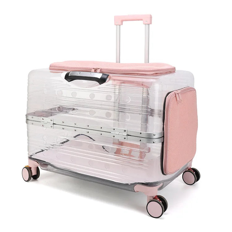 Large Transparent Pet Travel Suitcase with Wheels Portable Stroller Carrier for Cats and Dogs