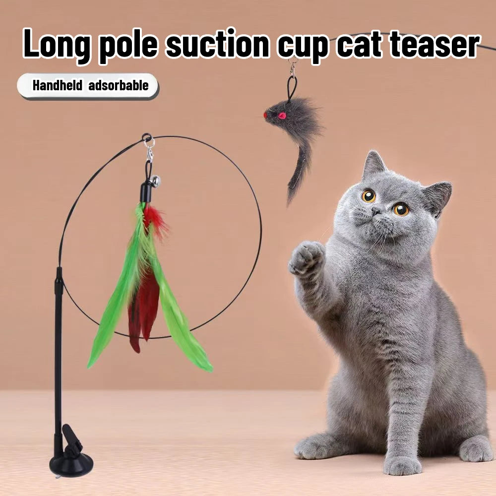 Interactive Suction Cup Feather Cat Toy – Bird Teaser Wand for Endless Play