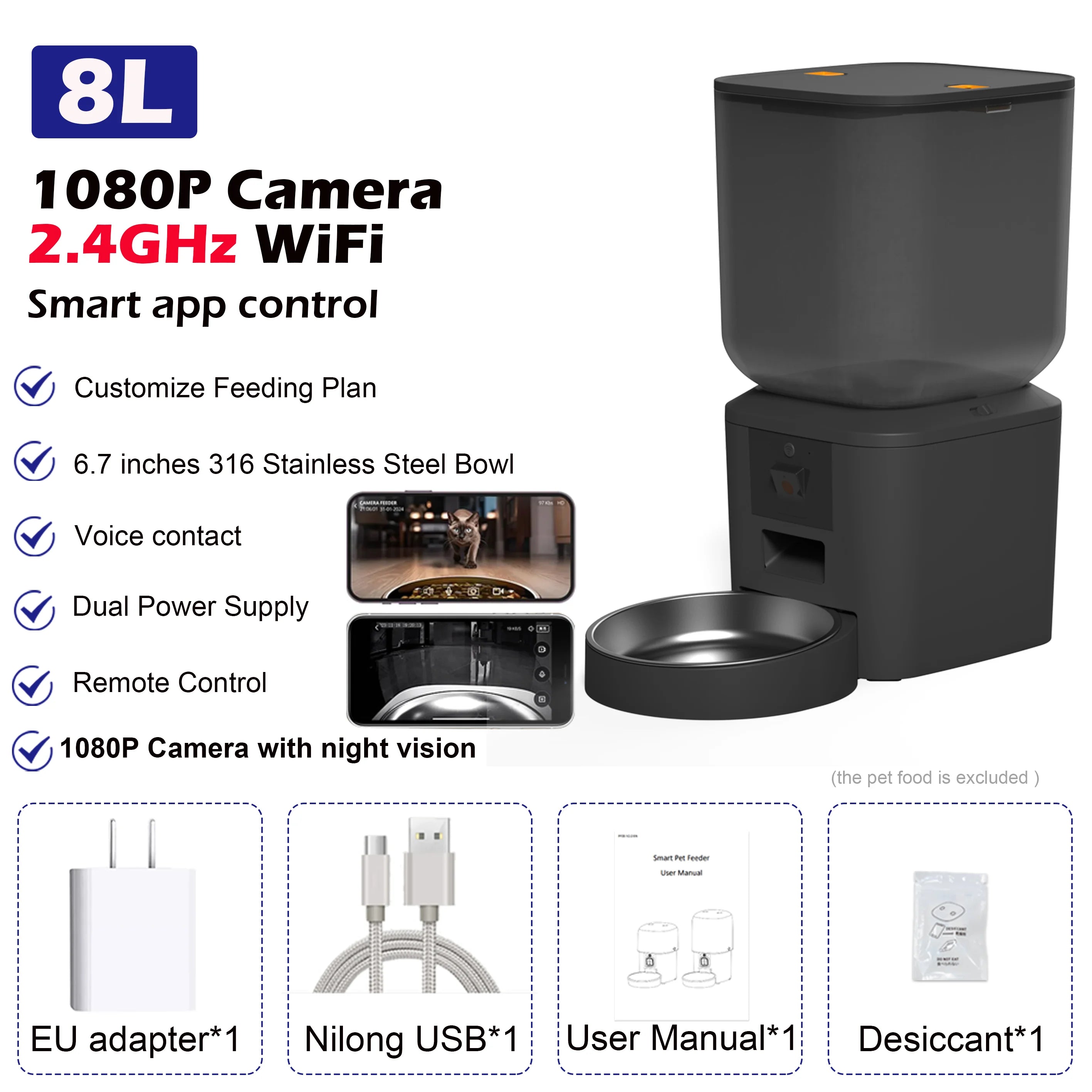 8L Smart Pet Feeder with Camera 1080P | WiFi Dog & Cat Feeder