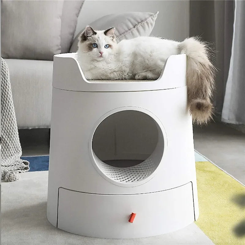 Castle Cat Litter Box with Scratch Pad Large Semi Enclosed Cat Toilet with Drawer Easy Clean Design